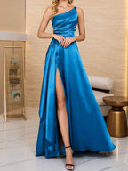 Women's One-Shoulder Satin Belted Split Maxi Evening Dress