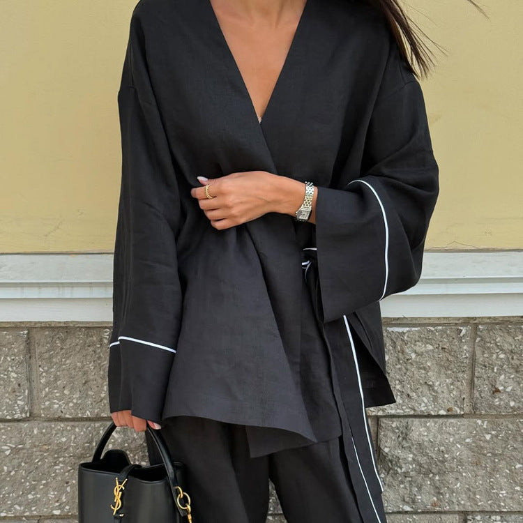 Lace-Up Cardigan Top & Trousers Set
