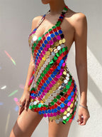 Fishnet Rhinestone Halterneck With Suspenders Hollow Out