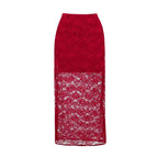 Red lace long swim skirt with wide hem and floral lace texture