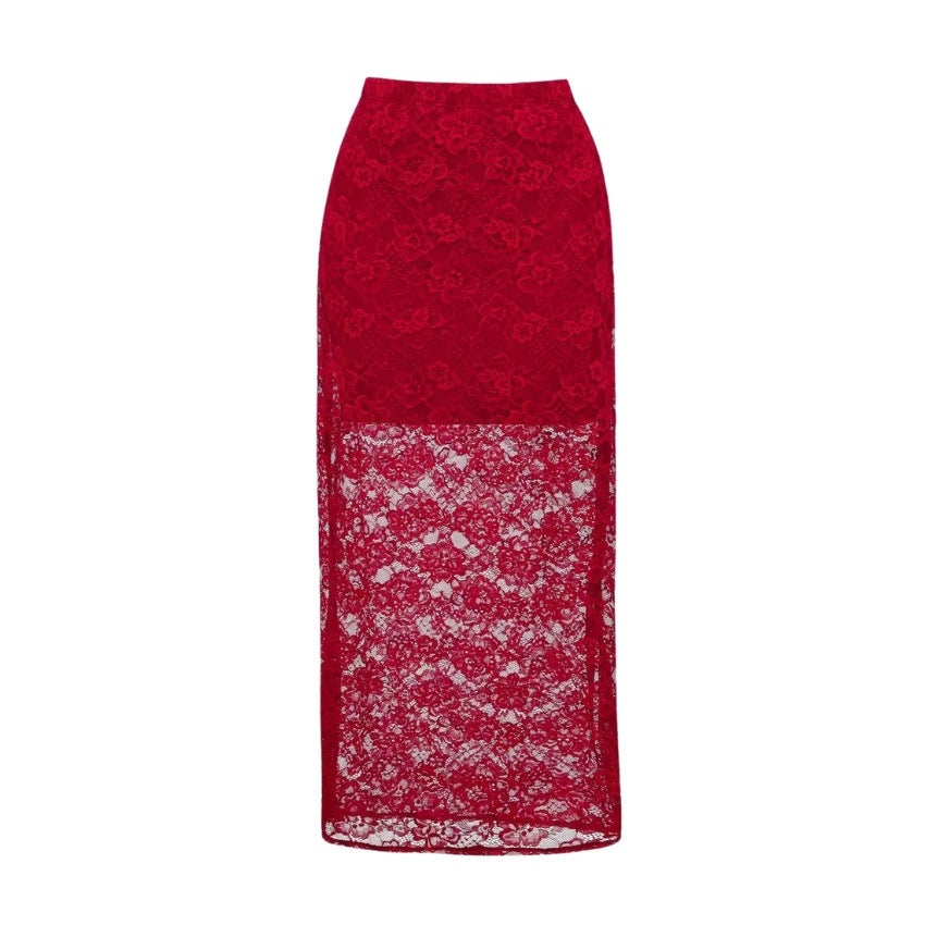 Red lace long swim skirt with wide hem and floral lace texture