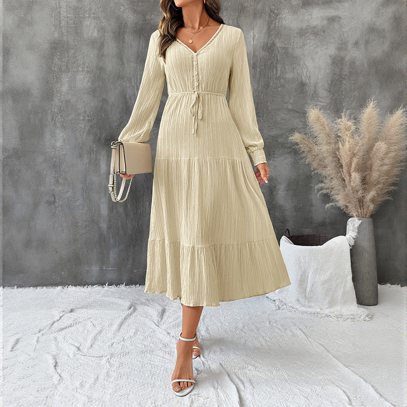 Women's Autumn Elegant Long Sleeve Pleated V Neck Solid Dress