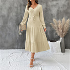 Women's Autumn Elegant Long Sleeve Pleated V Neck Solid Dress