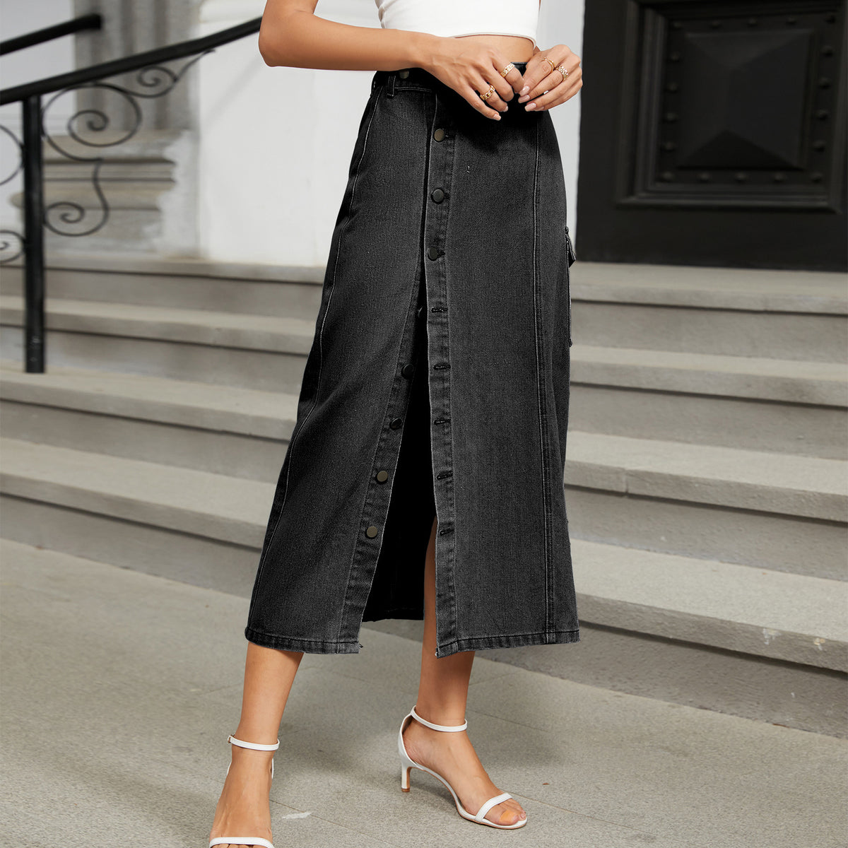 Semi Elastic Denim Cargo Pants Casual Skirt