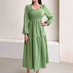 Women's Elegant Youthful Looking Dress Little Fresh V neck Green