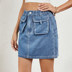 Women's Spring Summer Washed Elastic Waist Denim Skirt