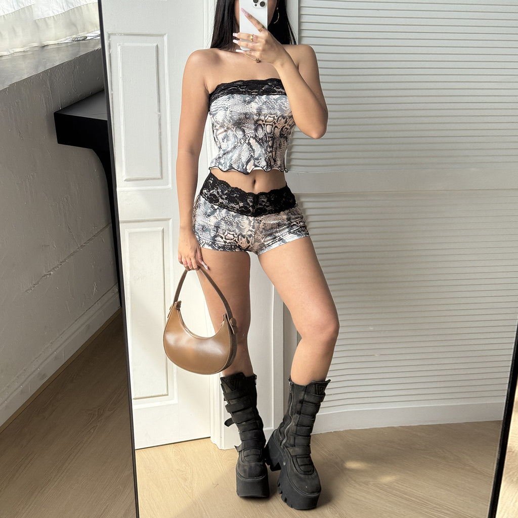 Women's Animal Print Two Piece Set Lace Slim Fit Patchwork Tube Top