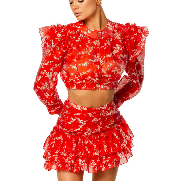 Women Clothing round Neck Long Sleeves Cropped Top Skirt Printed Two Piece Sets Sexy