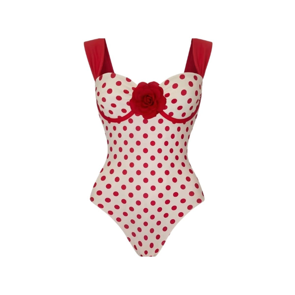 Red polka-dot one-piece swimsuit with sweetheart neckline and red rose applique