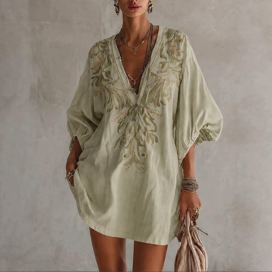 Women Clothing Cotton Linen Mini Deep V Plunge neck Floral
