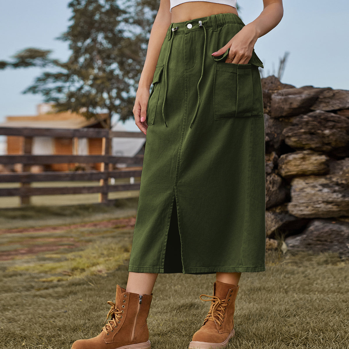 Summer Washed Lace Up Workwear Denim Split Skirt