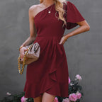 Women's Dress Summer Solid Color Single Side Sleeve Off Shoulder Ruffled Solid Color High Waist Off Shoulder Midi Dress