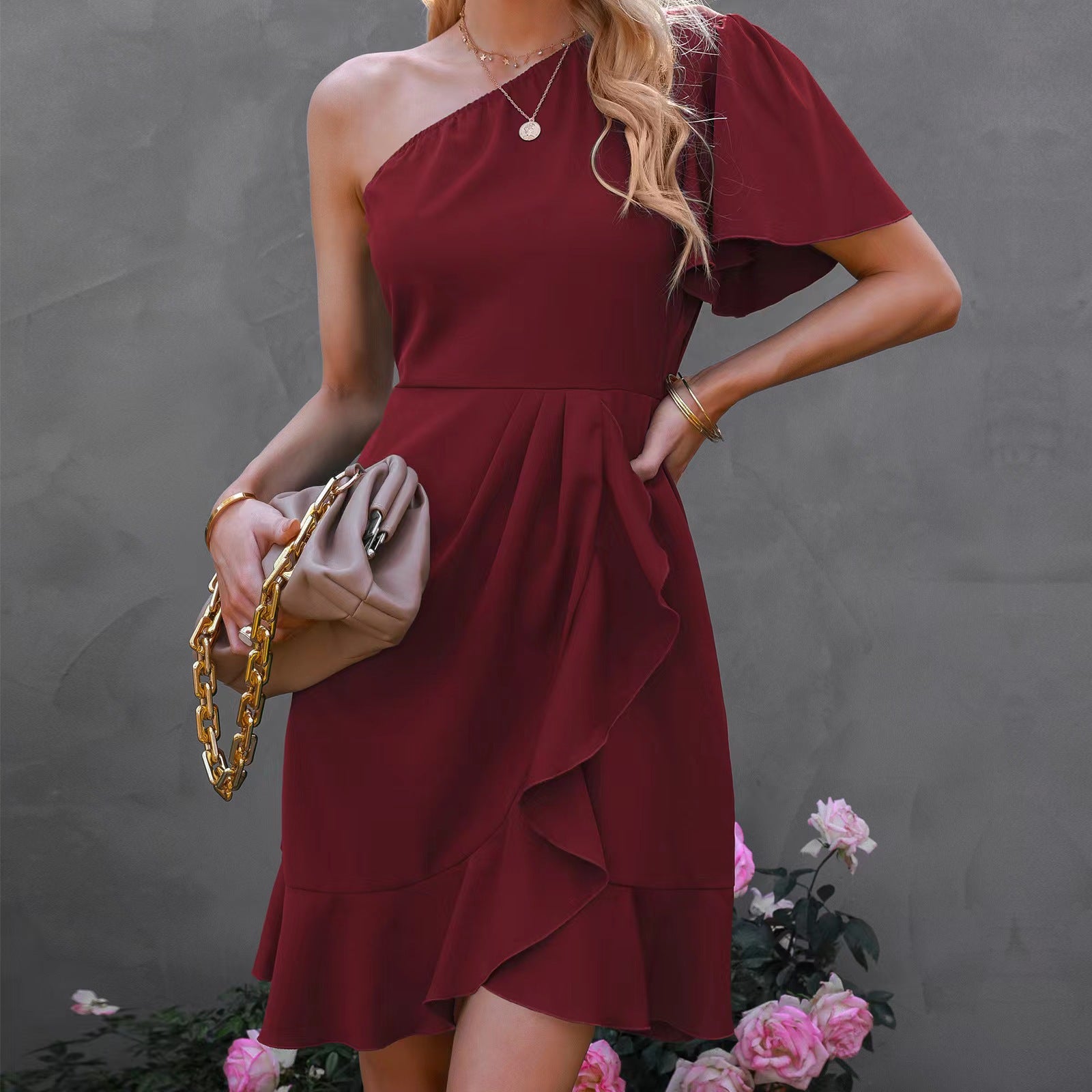 Women's Dress Summer Solid Color Single Side Sleeve Off Shoulder Ruffled Solid Color High Waist Off Shoulder Midi Dress