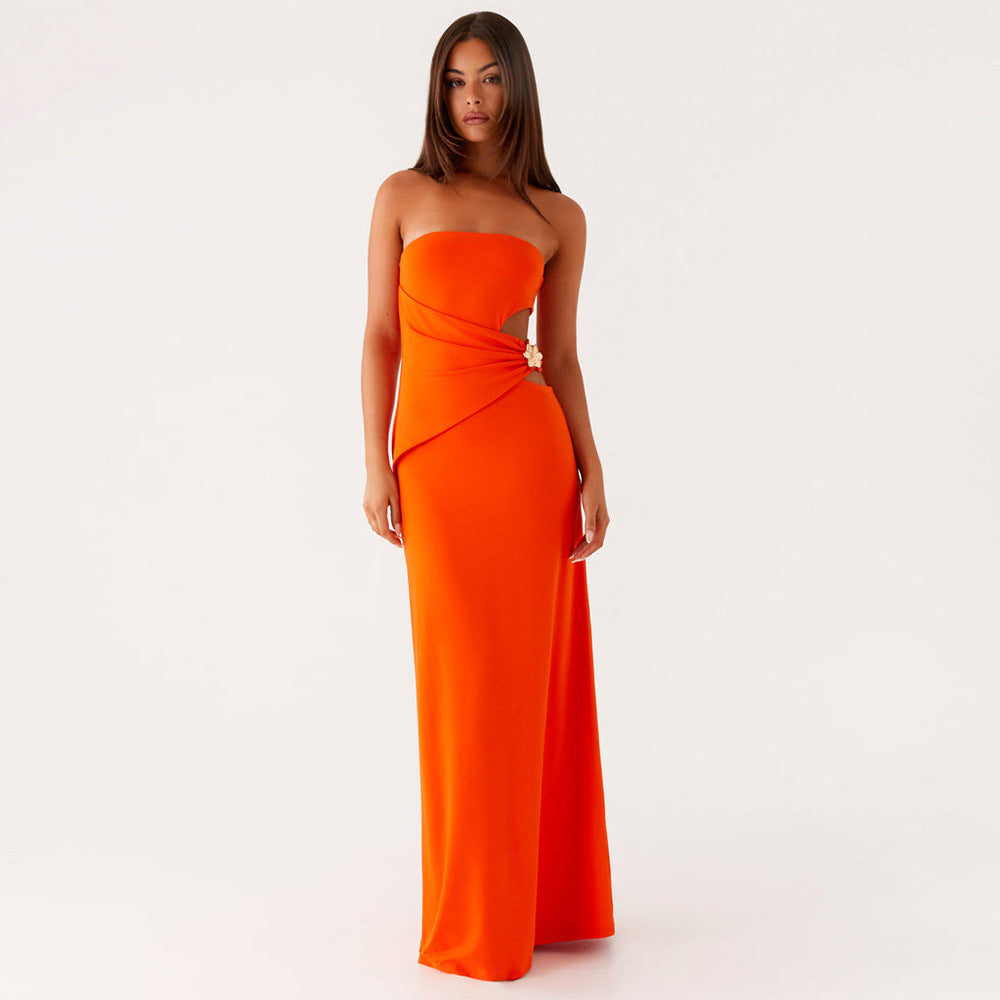 Strapless Cutout Asymmetric Bodycon Maxi Dress