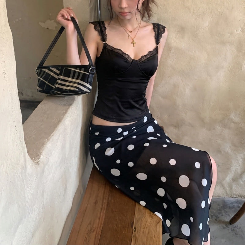 Women's Polka-Dot Mesh Asymmetric Skirt