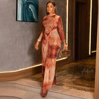 Long sleeve winter dress with orange and cream abstract floral print, long sleeves, high neck