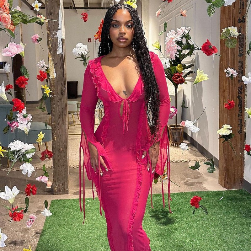 Women's Mesh V-Neck Ruffled Bodycon Maxi Dress