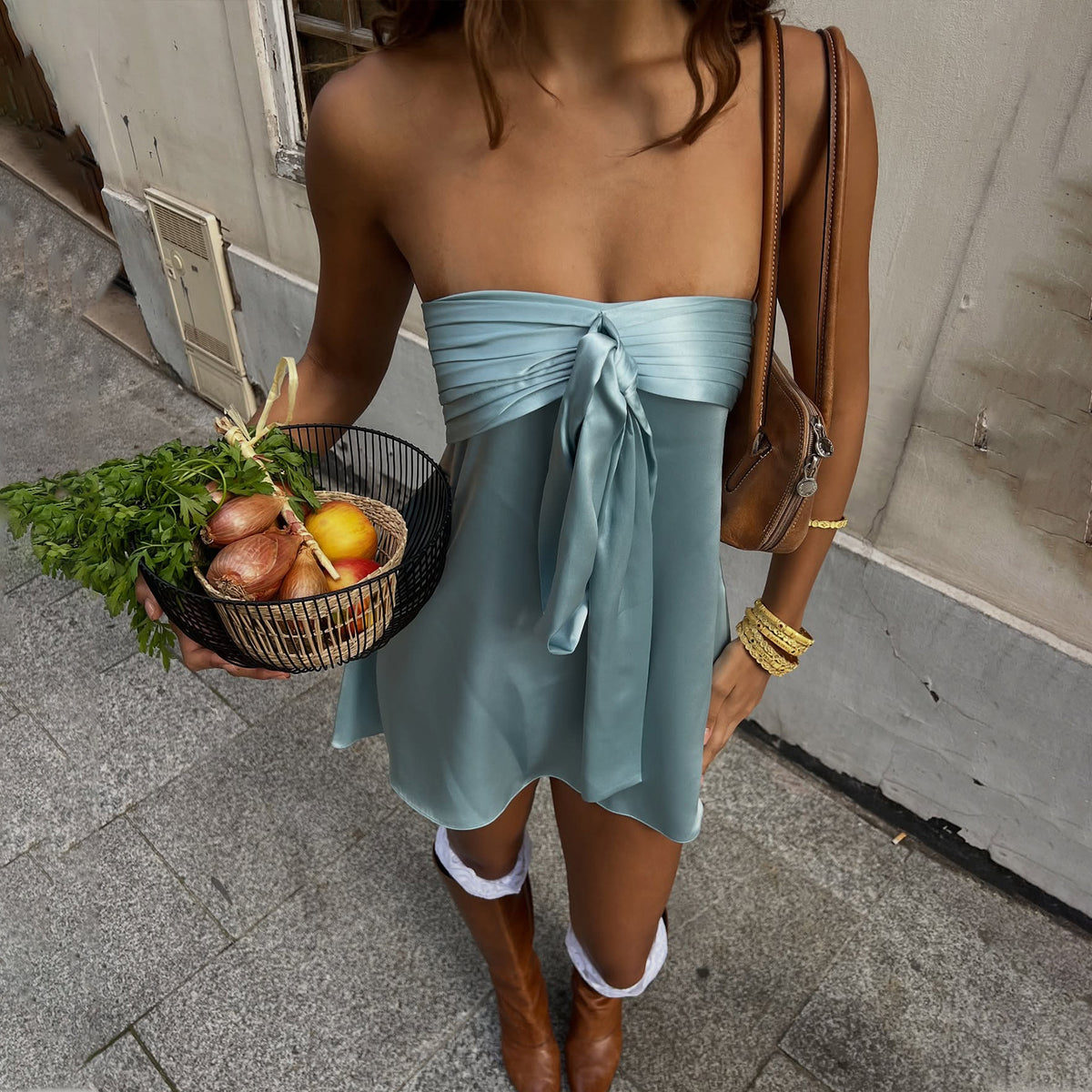 Spring Street Satin Strapless Strap Solid Color Sleeveless Dress