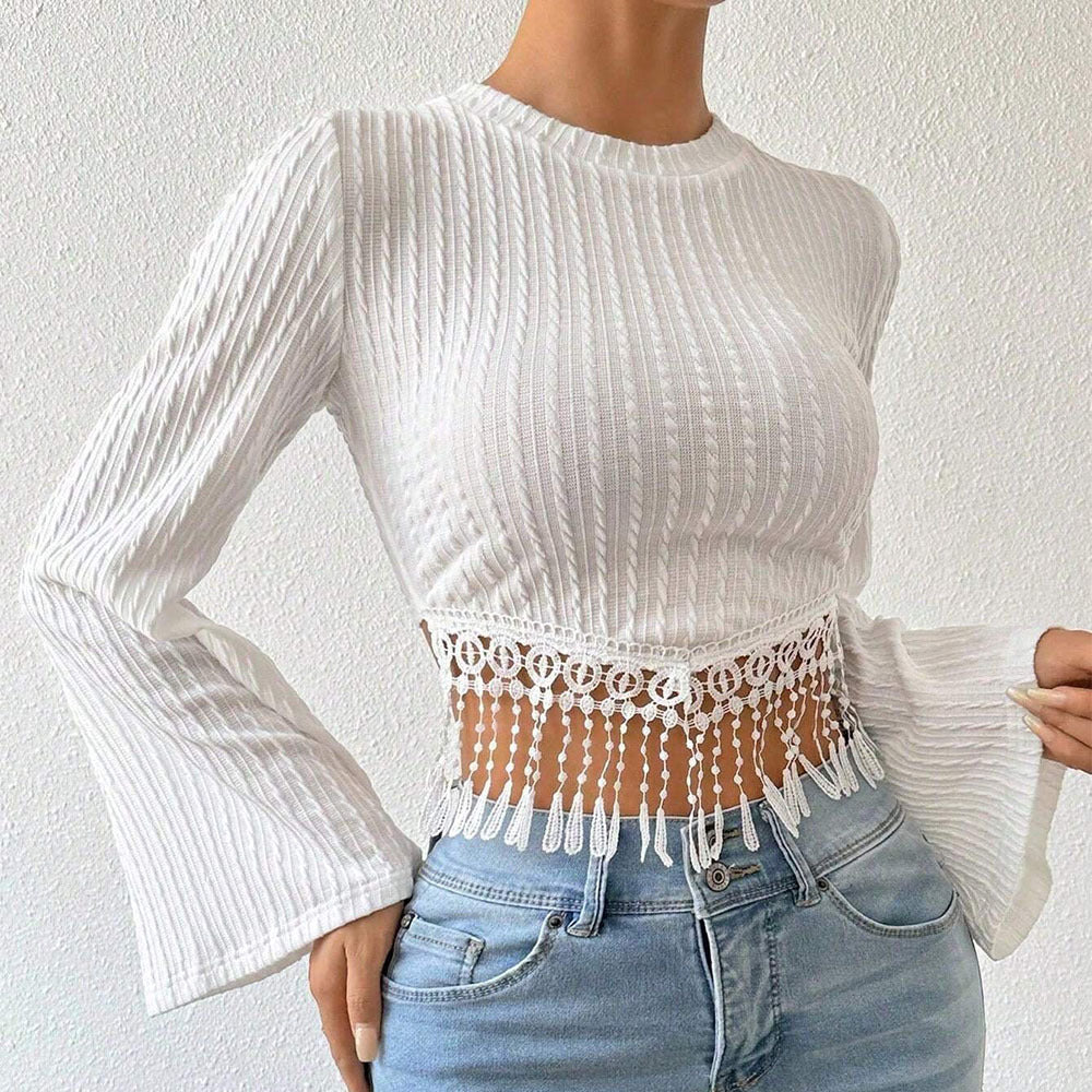 Women’s White Embroidered Bell Sleeve Crop Top