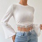 Women’s White Embroidered Bell Sleeve Crop Top