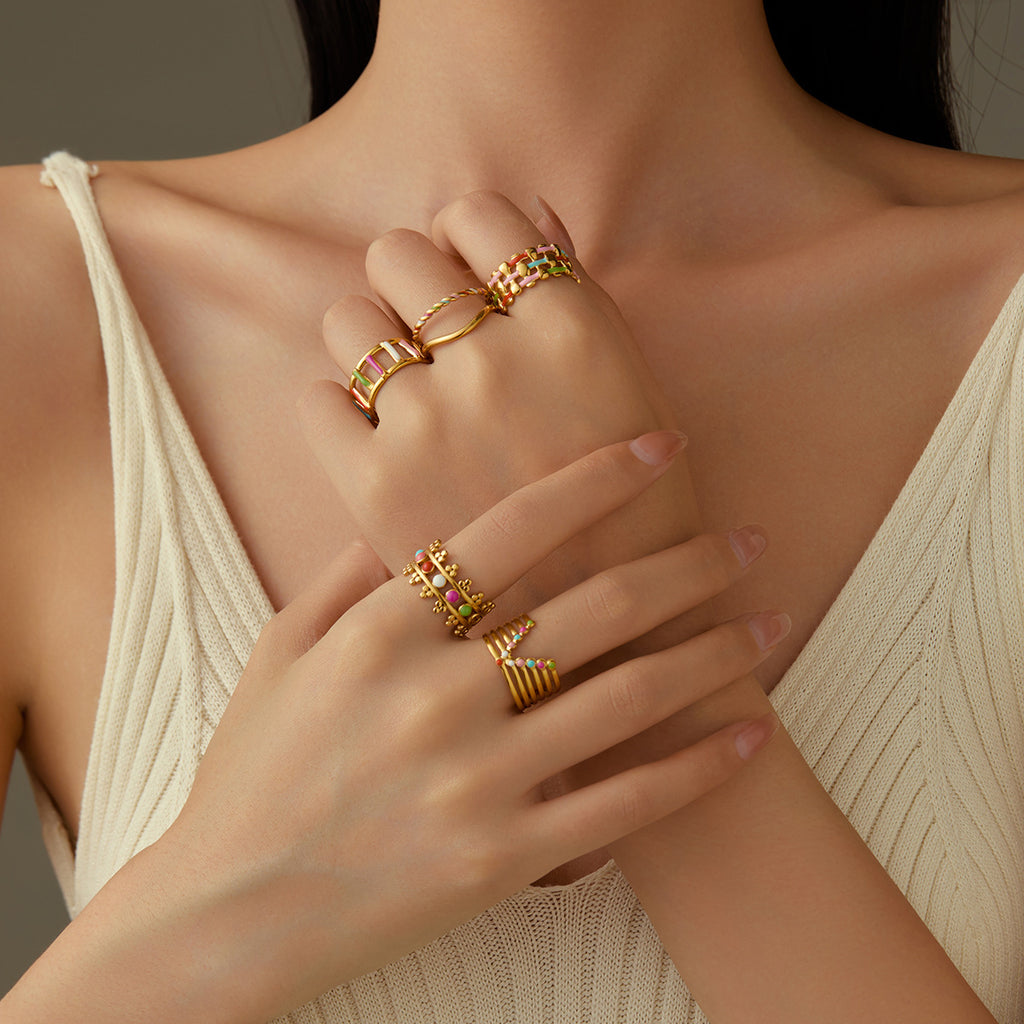 18K Gold Ring Geometric Abstract Colorful Oil Necklace Ring