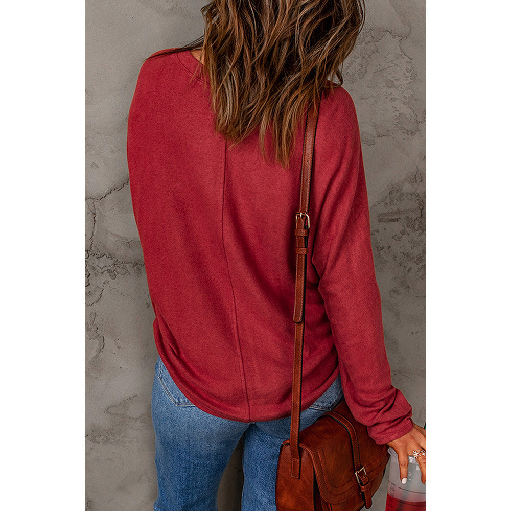 Women's Red Patchwork Long Sleeved Top Women Casual All Matching Base T Shirt