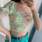 Women’s French Floral Square Neck Bow Crop Top