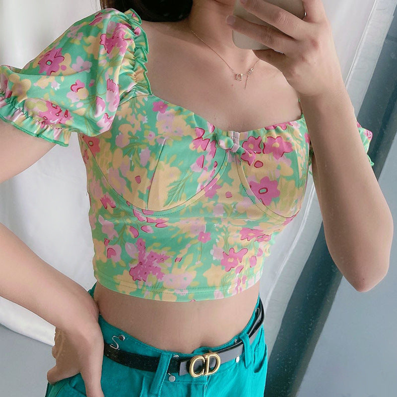 Women’s French Floral Square Neck Bow Crop Top