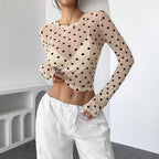 Sheer Polka Dot Mesh Long Sleeve Top
