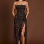 Women Sexy Tube Top Sleeveless Pleated Slim Fit Rhinestone Voile Maxi Dress