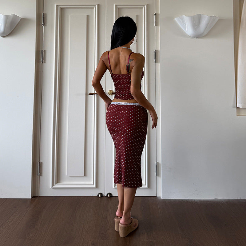 Women's Polka Dot Lace Top & Midi Skirt Set