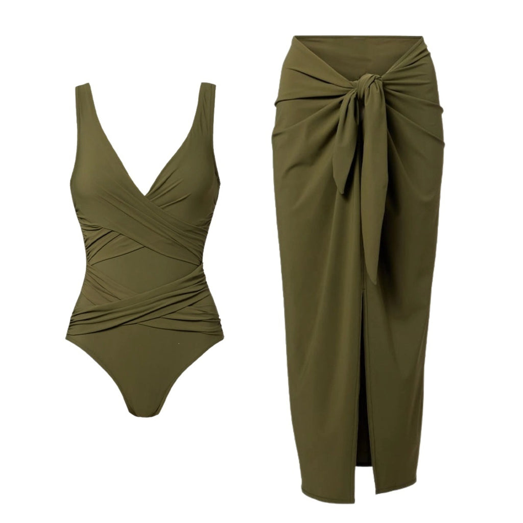 Olive green one-piece swimsuit and matching wrap skirt with tie at waist
