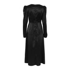 Black Satin Puff-Sleeve Office Dress