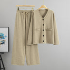 Women's V-Neck Knit Cardigan and Wide-Leg Pants Set