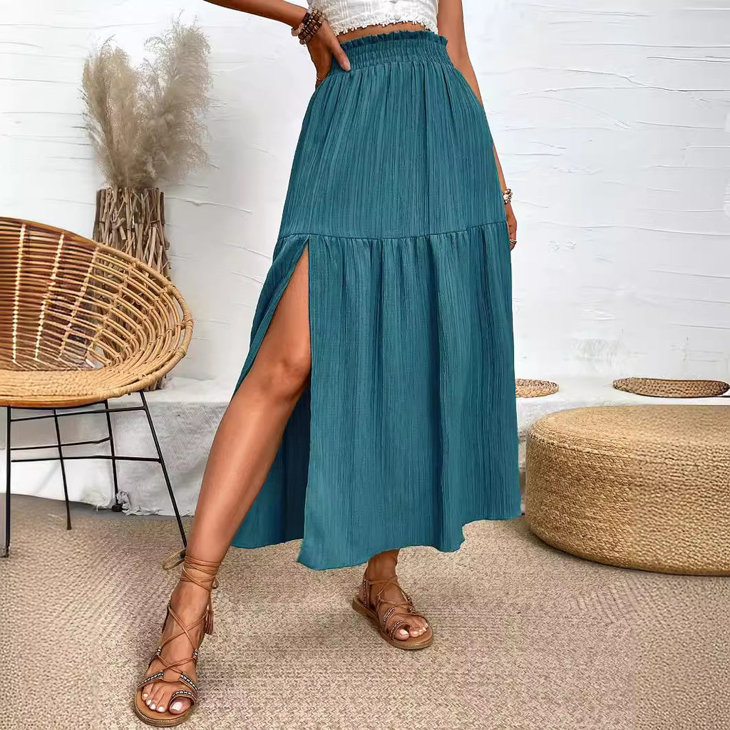 High Slit Ruffled Smocking Waistline Spring Summer Skirt