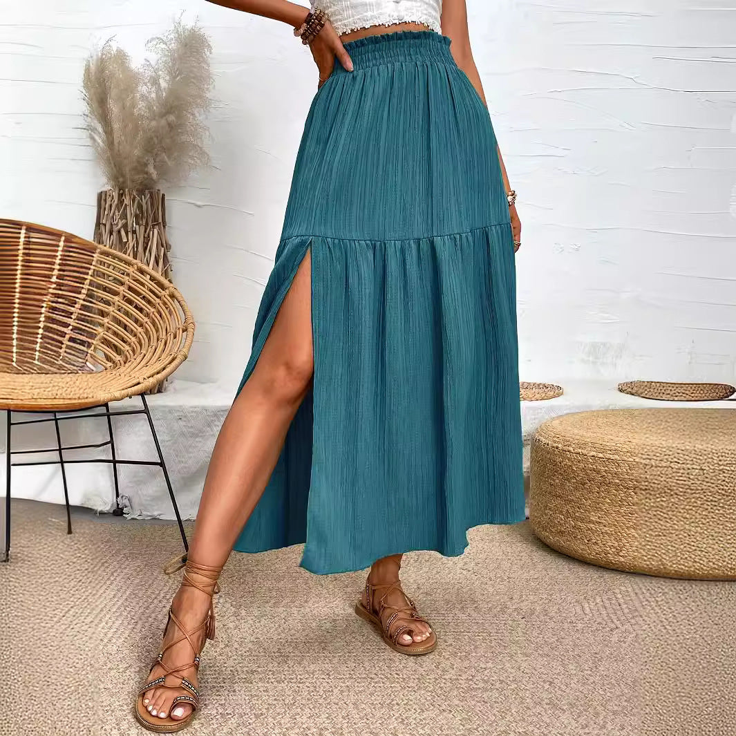 High Slit Ruffled Smocking Waistline Spring Summer Skirt