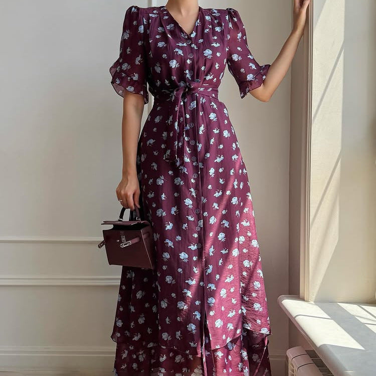 Women's French V-Neck Short-Sleeve Button Dress
