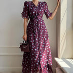 Women's French V-Neck Short-Sleeve Button Dress