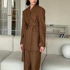 Women Spring Autumn Striped High Grade V neck Long Sleeved Belt Top Wide Leg Pants Two Piece Set