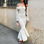 Off-Shoulder Long-Sleeve Ruched Bodycon Maxi Dress
