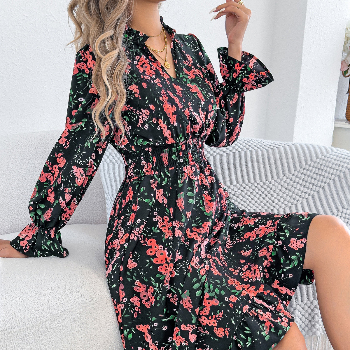 Spring Summer Casual Floral Flared Sleeve Waist A-Line Dress