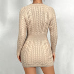 Twist Thread Knitted Dress Pullover Round Neck Solid Color Slim Hip