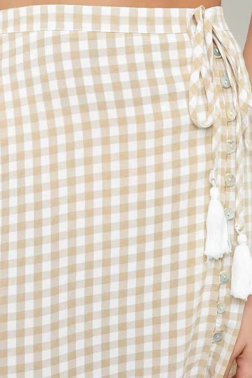 Women's Spring Summer Office Stitching Clinch Mid Waist Classic Plaid Half-Length Large Swing Skirt