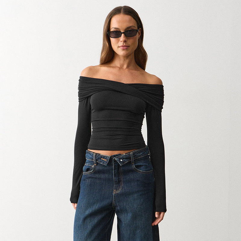 Women's Pleated Off-Shoulder Long Sleeve Top