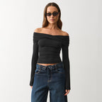 Women's Pleated Off-Shoulder Long Sleeve Top