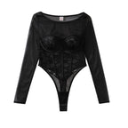 Floral Cutout Lace Stitching Sheer Mesh Body Shaping Sexy Jumpsuit Adjustable Crotch