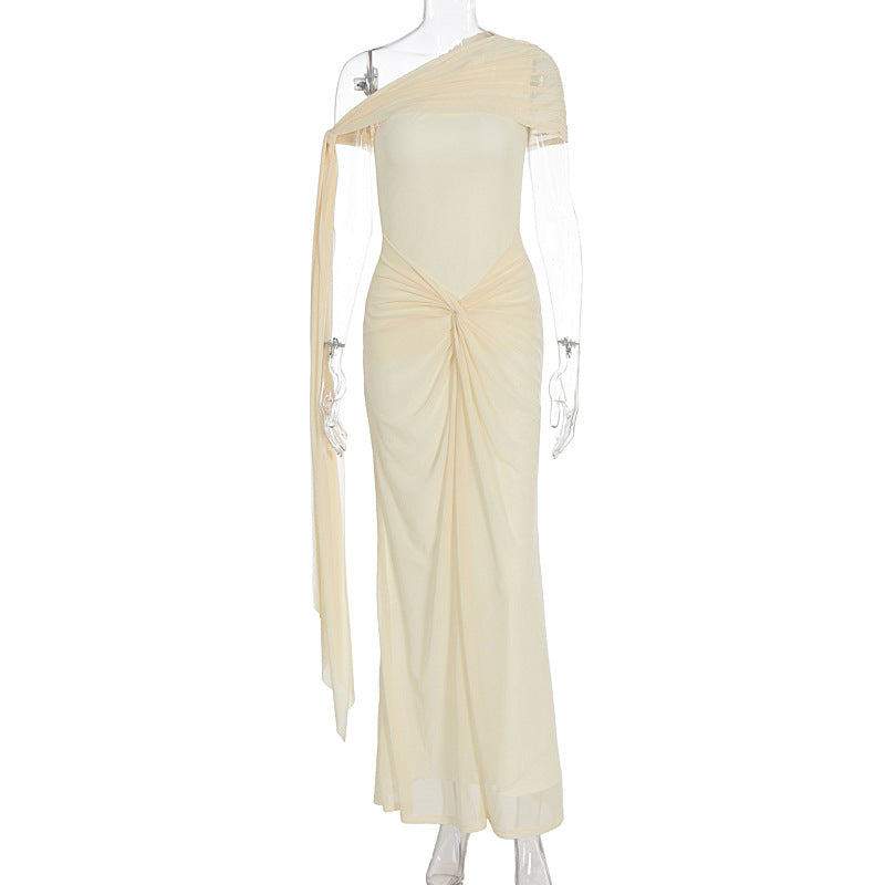 Light yellow maxi dress on hanger, draped back and ruched center knot detail