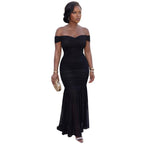 Black off-shoulder ruched maxi dress, sweetheart neckline, flared skirt