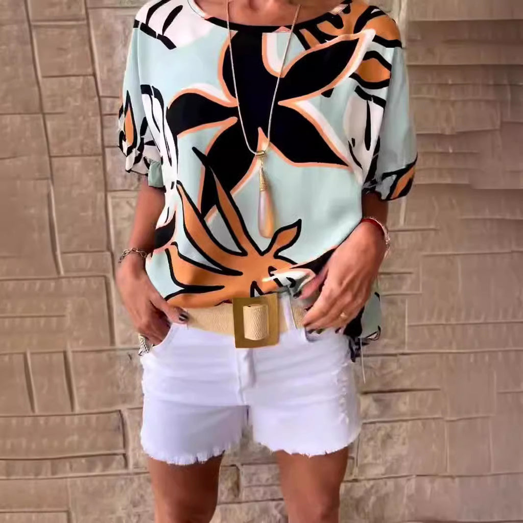 Women's Tropical Leaf Print Ruffle Sleeve T-Shirt