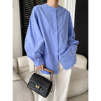 Women's Autumn Cotton Back Mid Line Casual Loose Lantern Sleeve Round-Neck Shirt